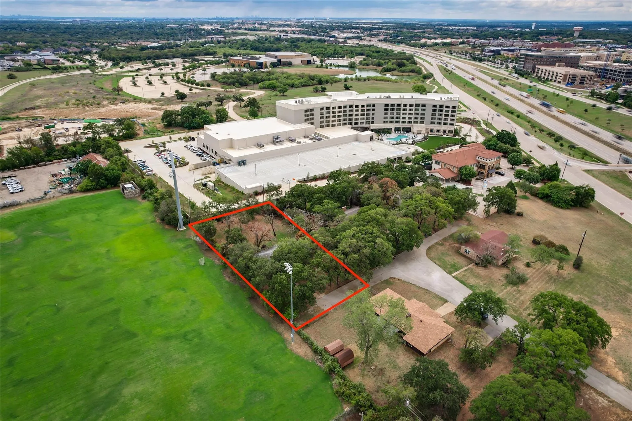 Close-up aerial view of Casey Court Lots 5-8 in Southlake TX on SH-114 corridor, Carroll Oaks Addition