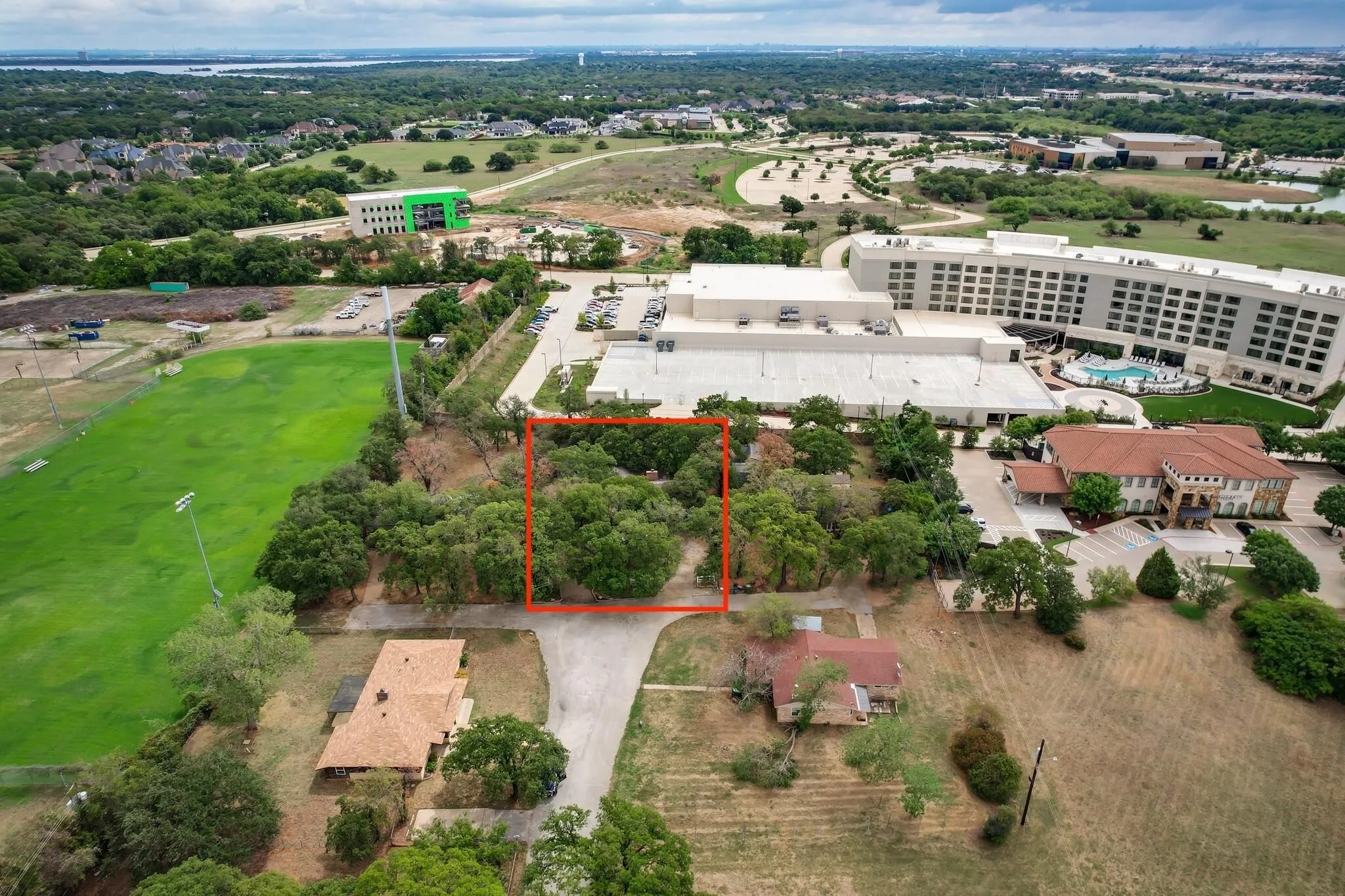Aerial view of Casey Court land in Southlake TX showing proximity to Southlake Town Square and Westin Hotel on SH-114 corridor