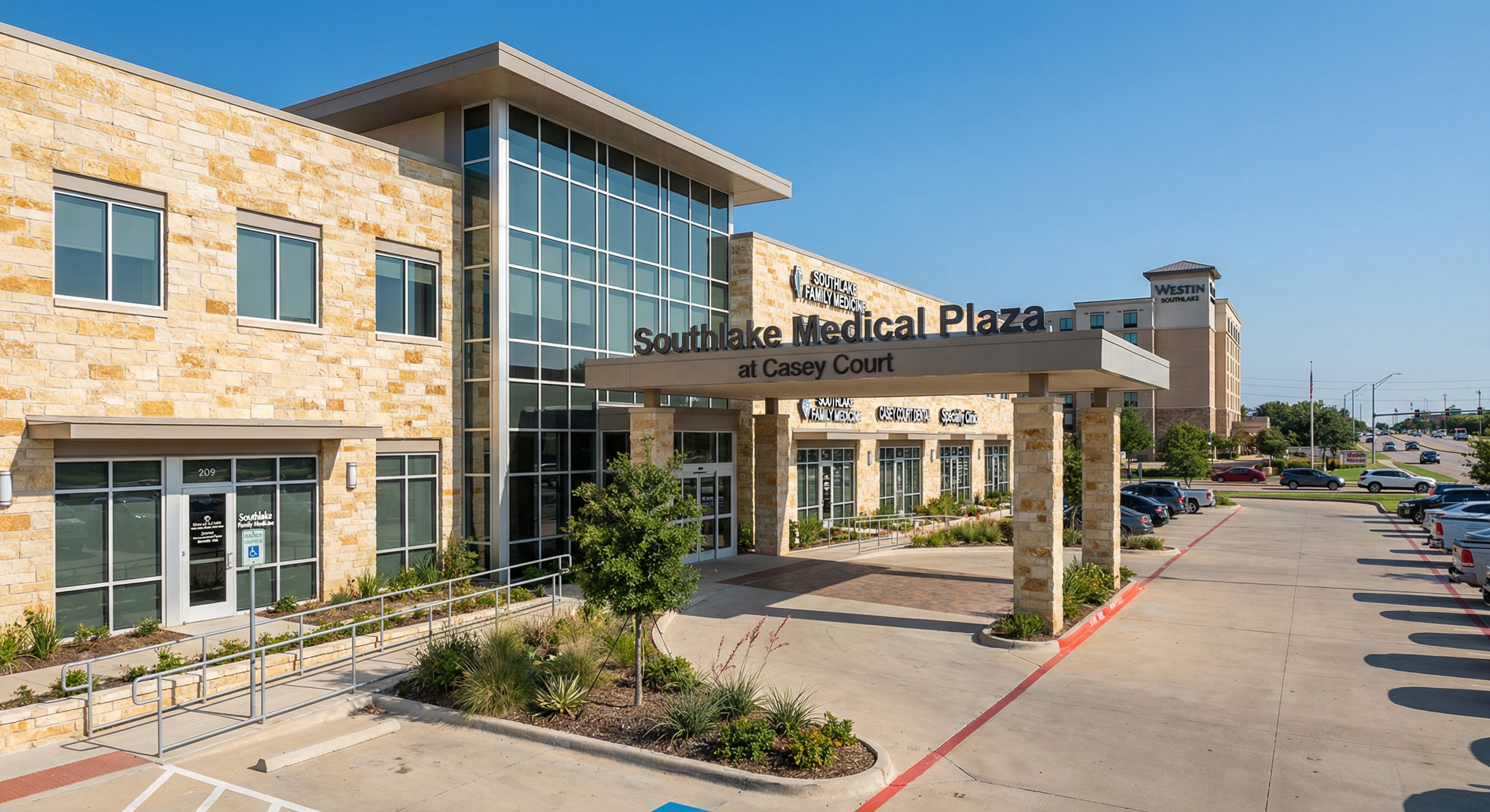 Conceptual rendering of medical office pavilion development at Casey Court commercial land, Southlake TX SH-114 corridor