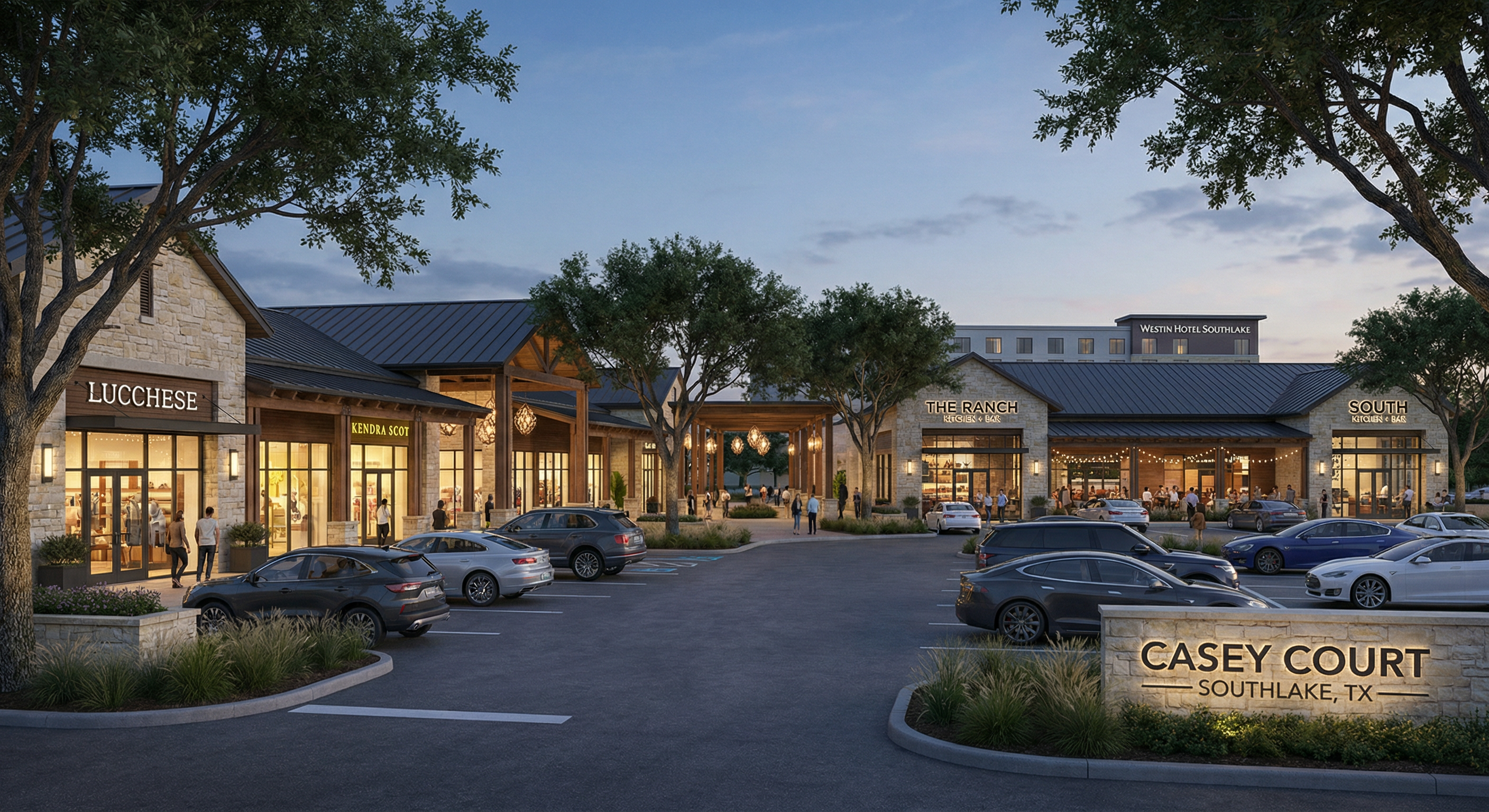 Conceptual rendering of retail and restaurant village development at Casey Court commercial land, Southlake TX SH-114 corridor