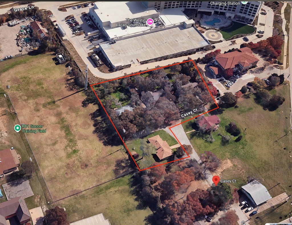 Casey Court property boundary satellite view showing 4 lots adjacent to Westin Southlake Hotel, Southlake TX 76092